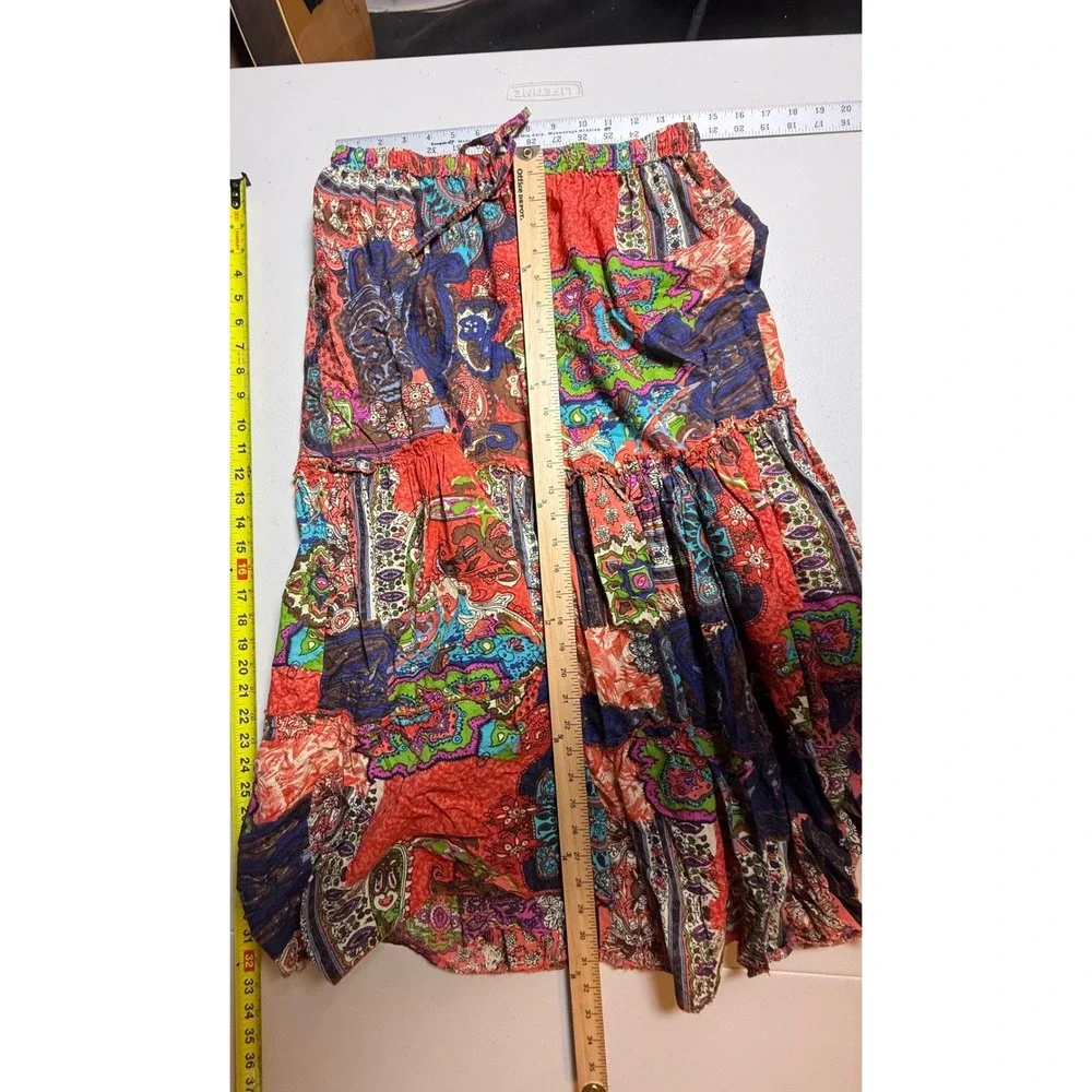 Bobbie Brooks Paisley Patchwork Tiered Midi Skirt Red Multi Cotton Small 6